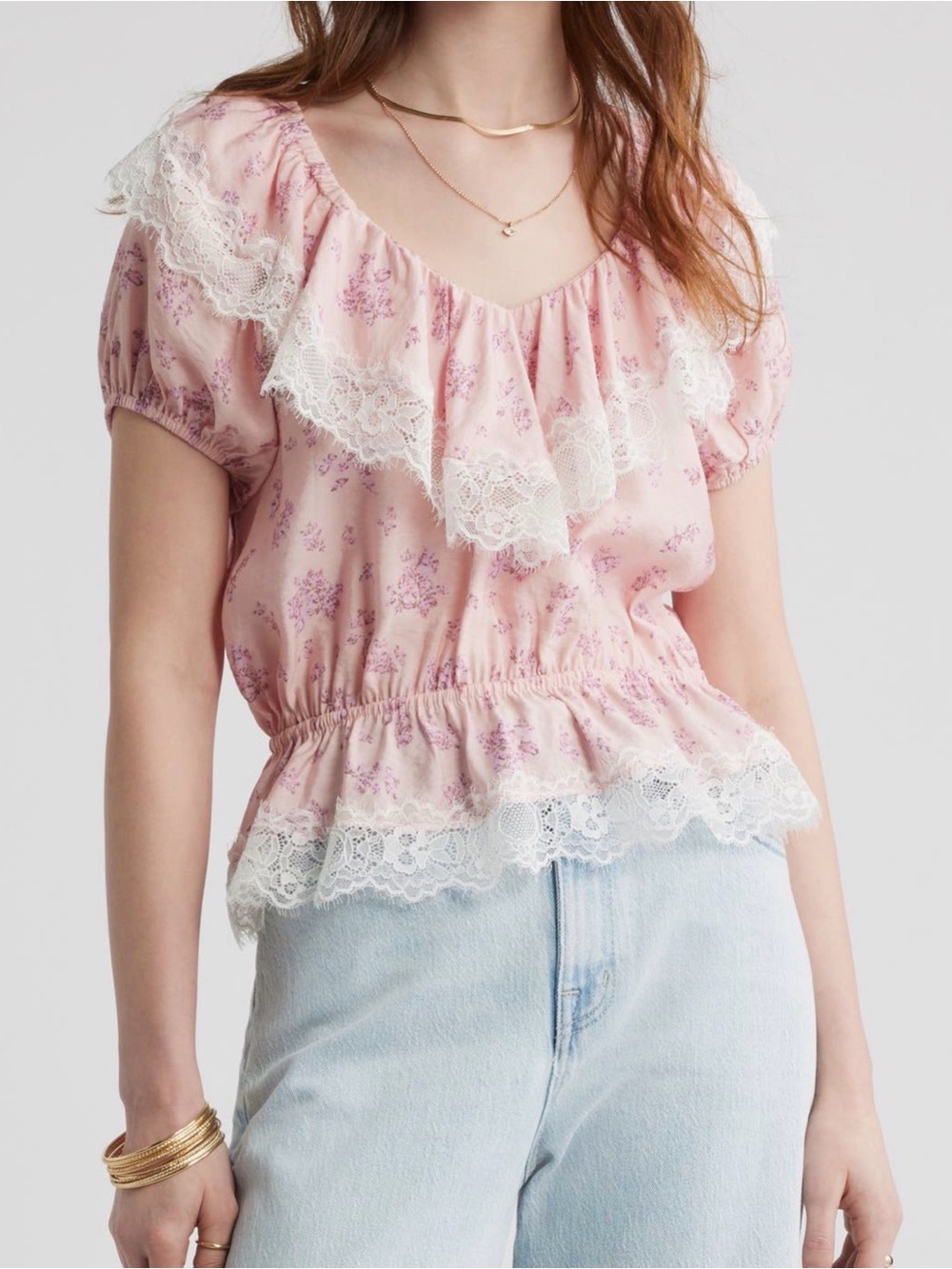 Treasure & Bond Pink Floral Lace Trim Peplum Blouse